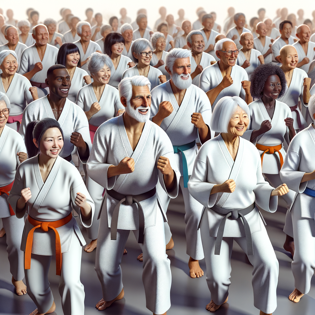 Energetic seniors participating in a Karate class, showcasing the health benefits, vitality, longevity, and maintenance of health that Karate offers in the aging process.