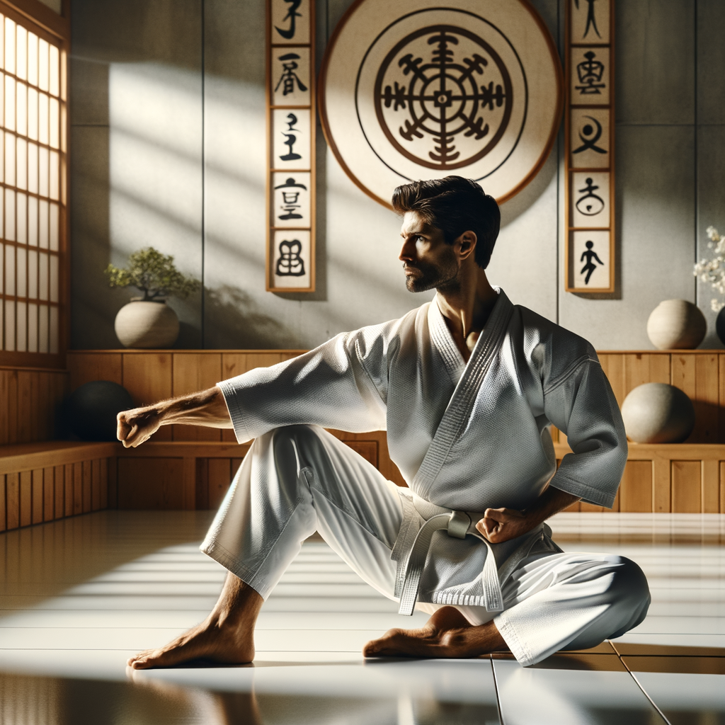 Sensei demonstrating karate pose in tranquil dojo, embodying karate philosophy, principles, discipline, and spiritual aspects for understanding martial arts philosophy and history of karate teachings.
