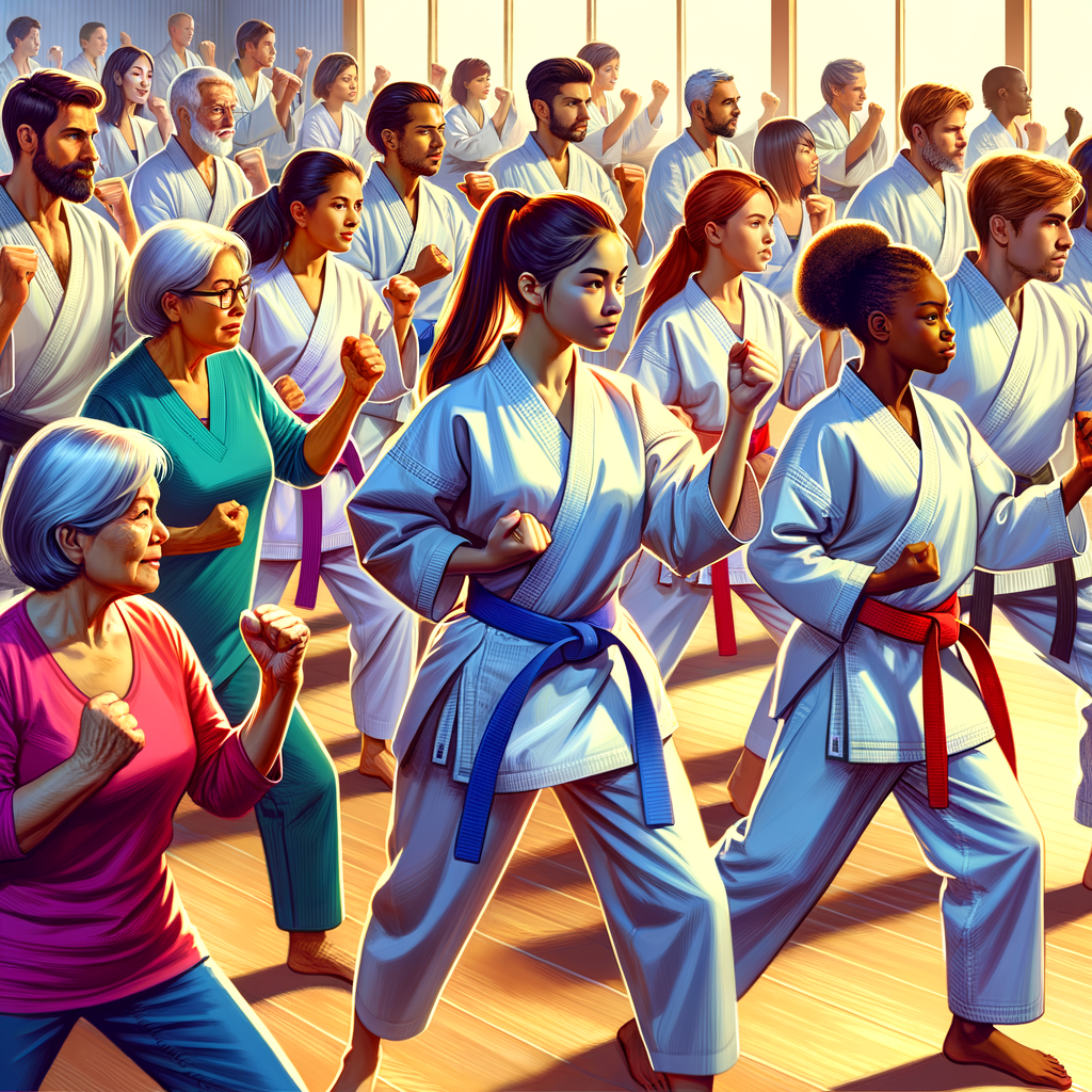 Diverse group of individuals engaging in confidence building karate training, demonstrating self-esteem improvement through martial arts practice