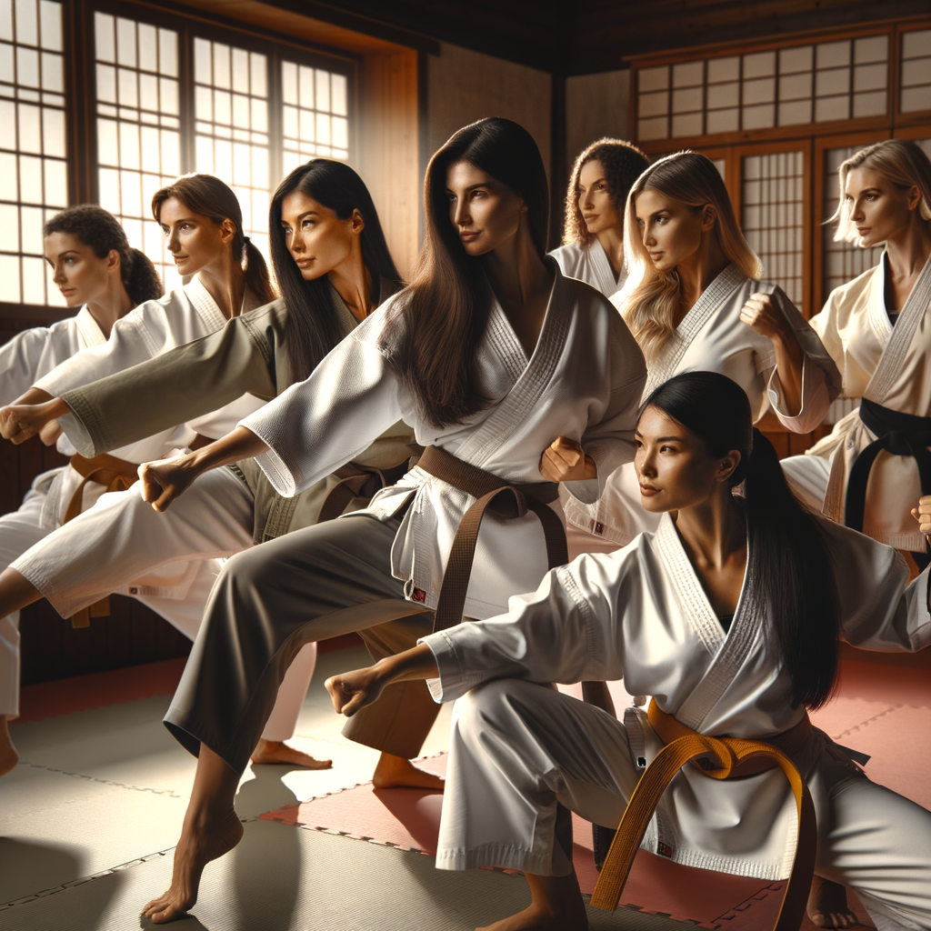Diverse group of women demonstrating strength and camaraderie during a Karate training session, embodying empowerment through martial arts and highlighting the importance of women's self-defense.