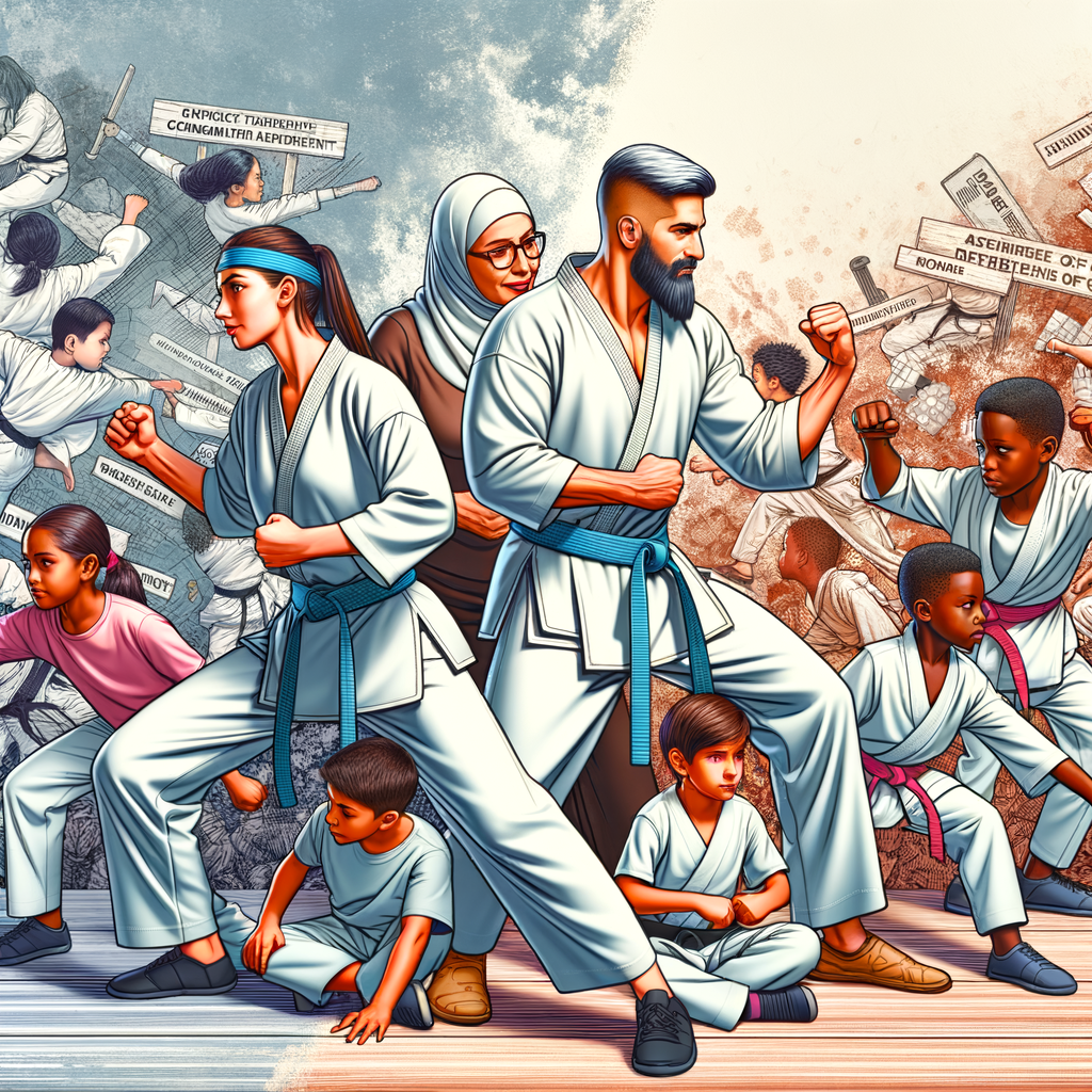 Diverse group participating in karate community service, demonstrating social responsibility in martial arts and community development, highlighting the social impact of karate and its benefits in community outreach.