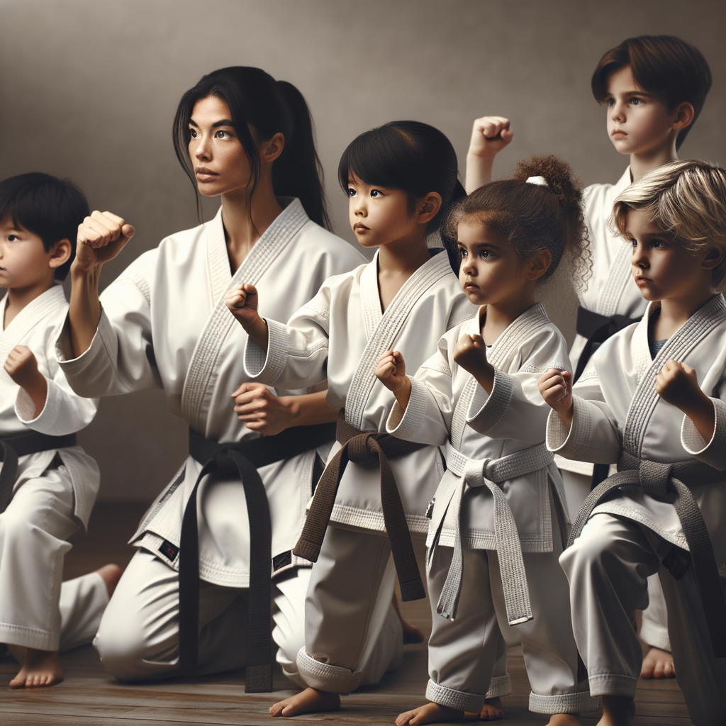 Diverse children in karate uniforms at a kids karate training session, showcasing the benefits of karate for kids in building confidence and teaching discipline, a clear representation of child development through karate.