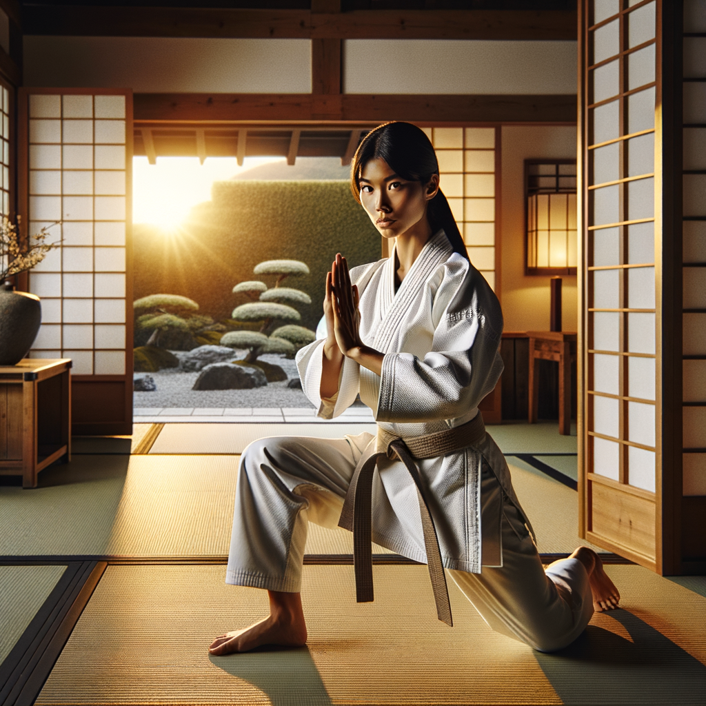 Individual nurturing personal growth through consistent karate practice in a serene dojo, symbolizing personal development and self-improvement through karate training.