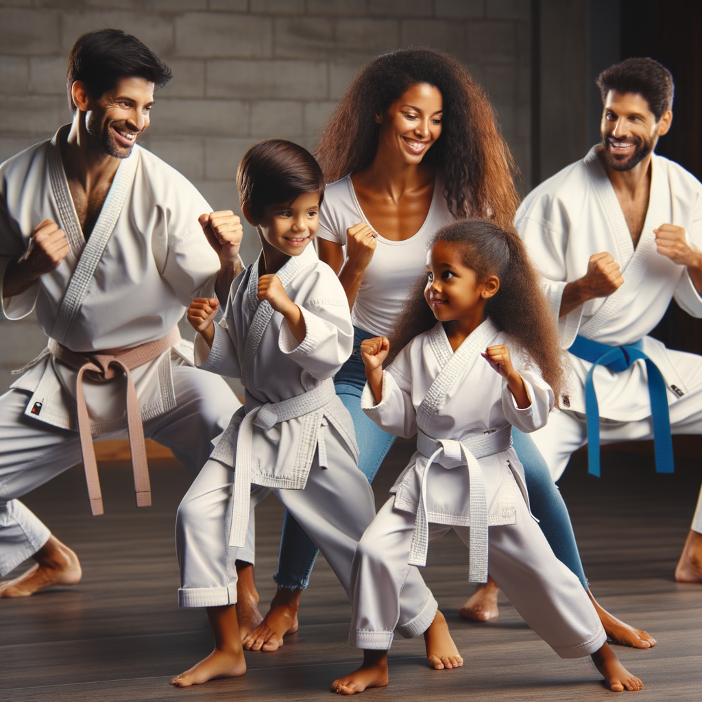 Diverse family enjoying a fun karate bonding activity, showcasing family martial arts training for fitness, highlighting the benefits of family karate classes for parents and kids in a family-friendly karate lesson environment.