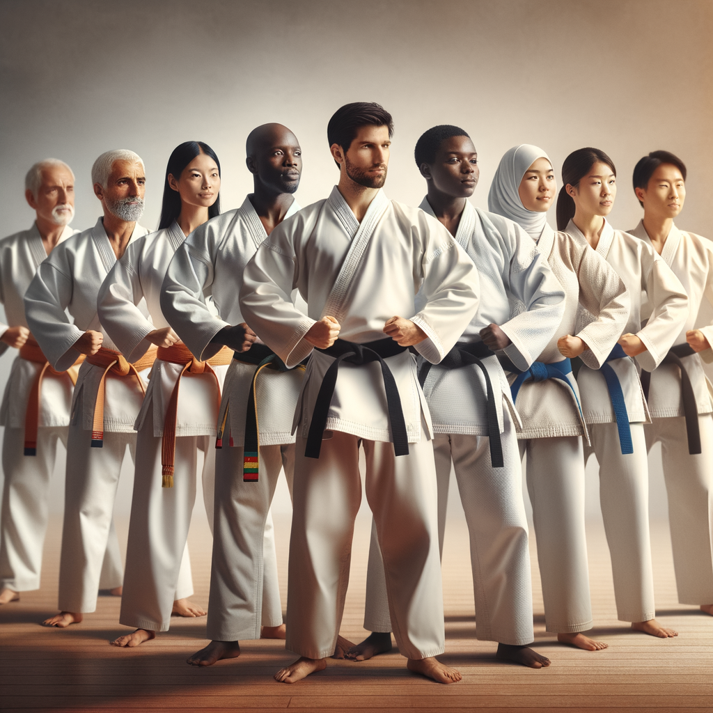 Diverse group practicing different karate traditions in a dojo, exemplifying cultural exchange in martial arts and the cultural influence on learning karate techniques.