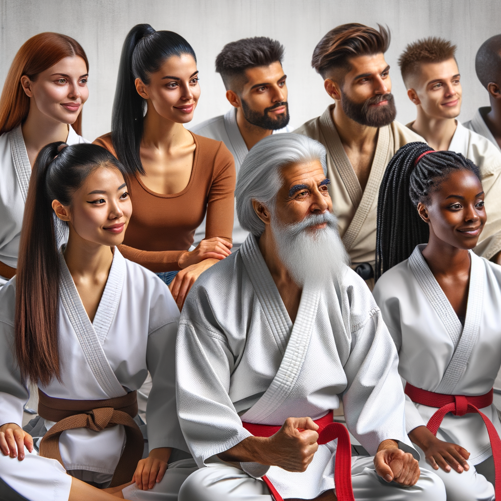 Diverse group participating in a Karate cultural exchange, attentively learning different Karate traditions from a martial arts master, symbolizing the fusion of cultural exchange in martial arts and traditional Karate learning.