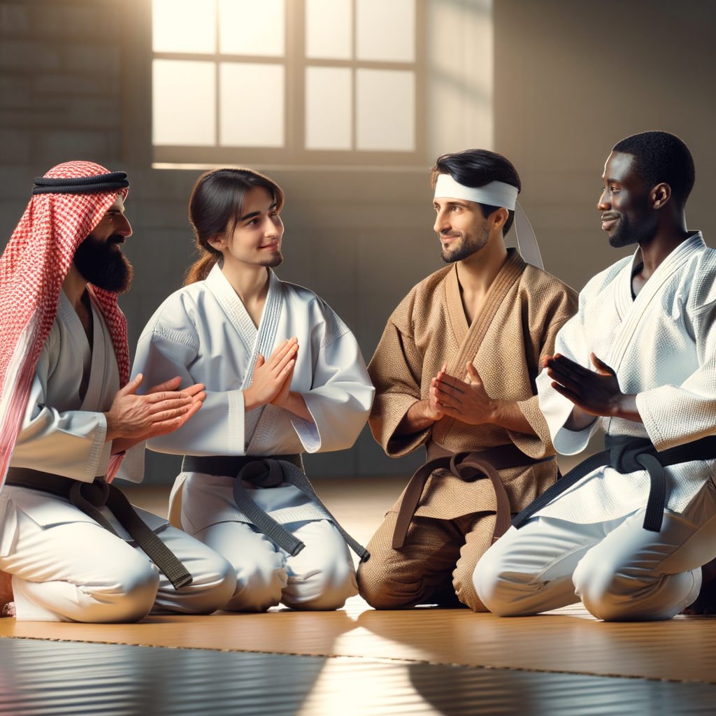 Diverse group participating in a karate cultural exchange, learning different karate traditions and techniques, highlighting the cultural influence in martial arts.
