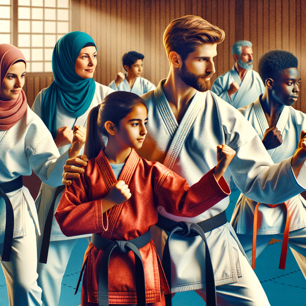 Diverse group practicing karate, illustrating cultural diversity and inclusivity in martial arts, embodying the concept of embracing differences in karate.