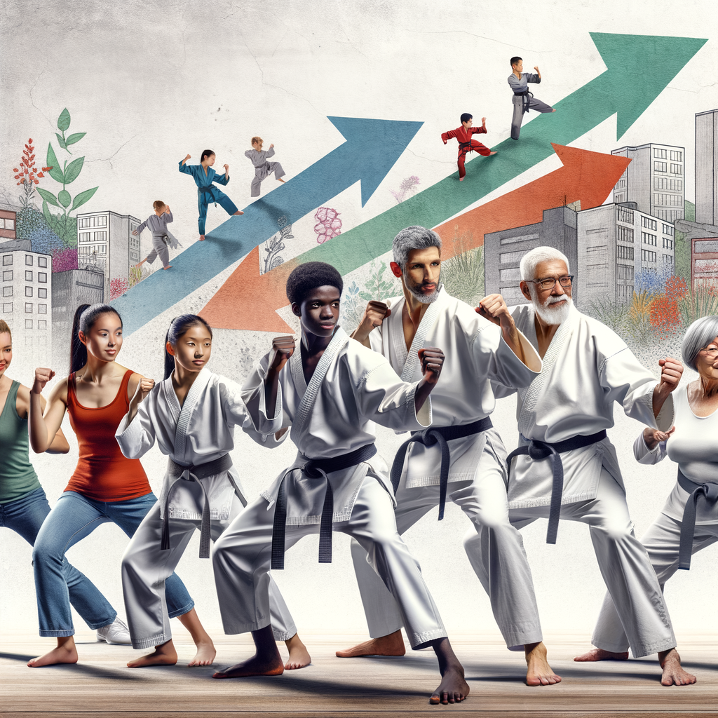 Diverse group practicing Karate, illustrating the social benefits and transformative impact of martial arts on society and community for positive change