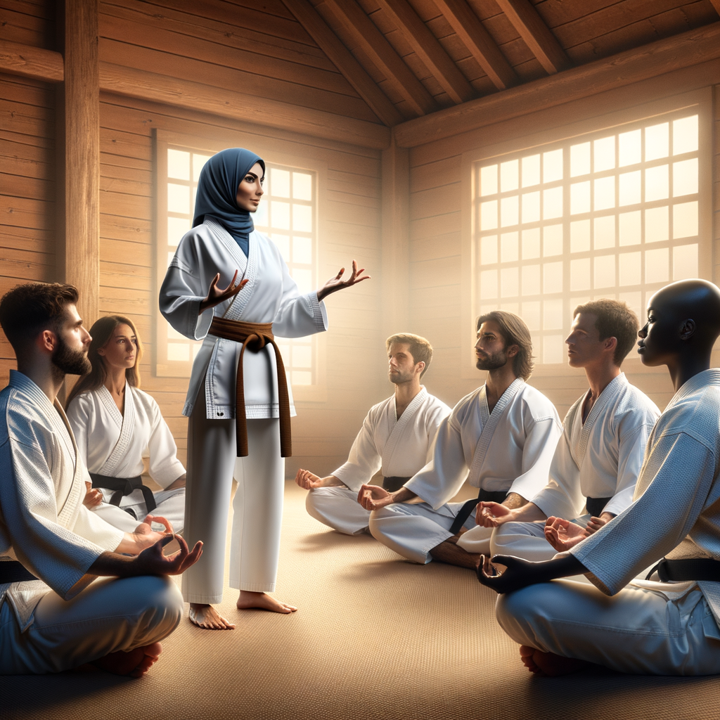 Karate instructor teaching peaceful conflict resolution techniques to diverse students in a dojo, embodying the concept of finding peace through Karate.