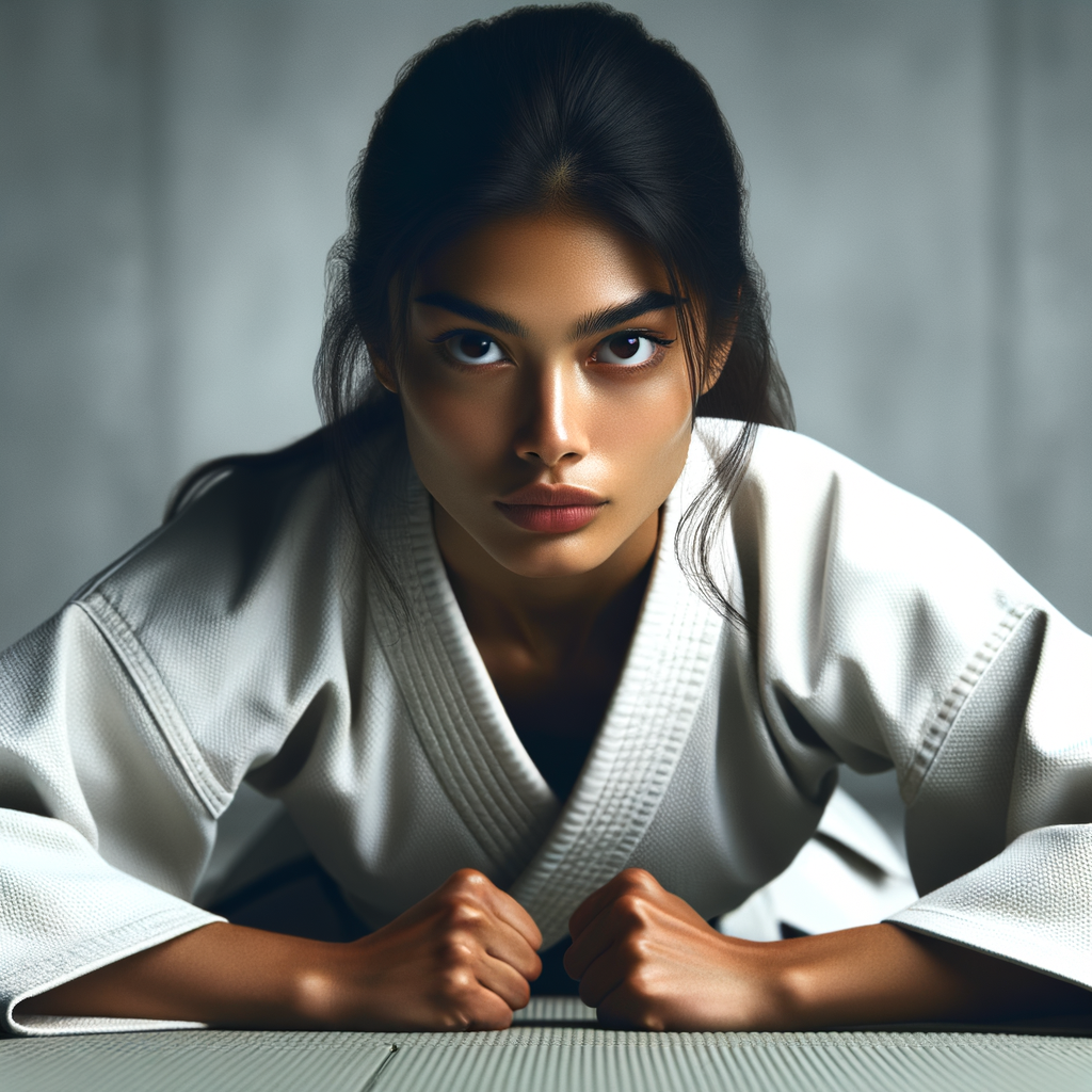 Karate practitioner demonstrating resilience and mental strength through a powerful stance, highlighting the benefits and impact of Karate training on personal development and emotional resilience.