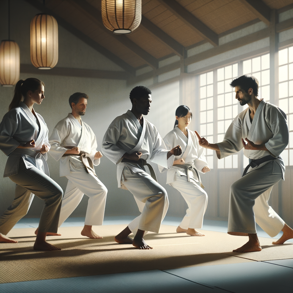 Diverse group practicing Karate Conflict Resolution techniques under a sensei's guidance in a peaceful dojo, showcasing Martial Arts and Peace for Conflict Resolution Skills.