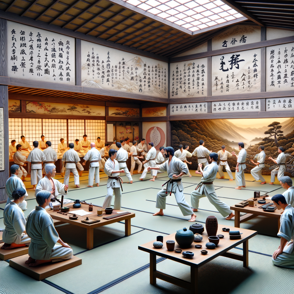 Japanese Karate practitioners demonstrating techniques in a traditional dojo, highlighting the influence of Karate on Japanese culture, martial arts history, and its cultural significance in society with elements of tea ceremony, calligraphy, and Zen garden.