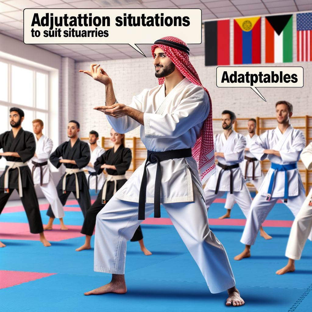 Karate instructor demonstrating adaptation in martial arts, adjusting karate moves for different situations during a training session, highlighting the adaptability of karate skills adjustment.