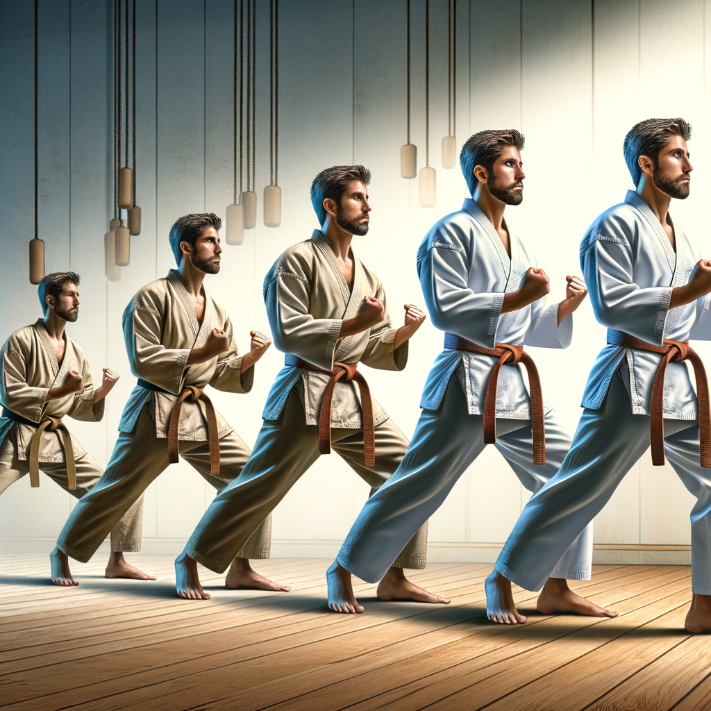 Karate practitioner's journey from beginner to expert, demonstrating karate practice techniques and progression stages during karate training for beginners, highlighting the transformative karate mastery journey.