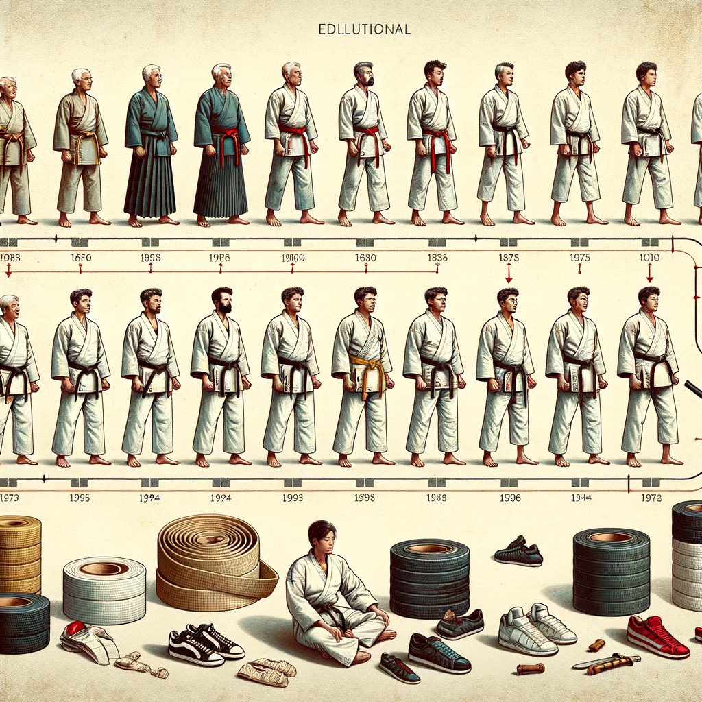 Timeline illustrating the Karate Gear Evolution from Traditional Karate Equipment to Modern Karate Gear, highlighting key moments in the History of Karate Gear Changes and the Modernization of Karate Uniforms.