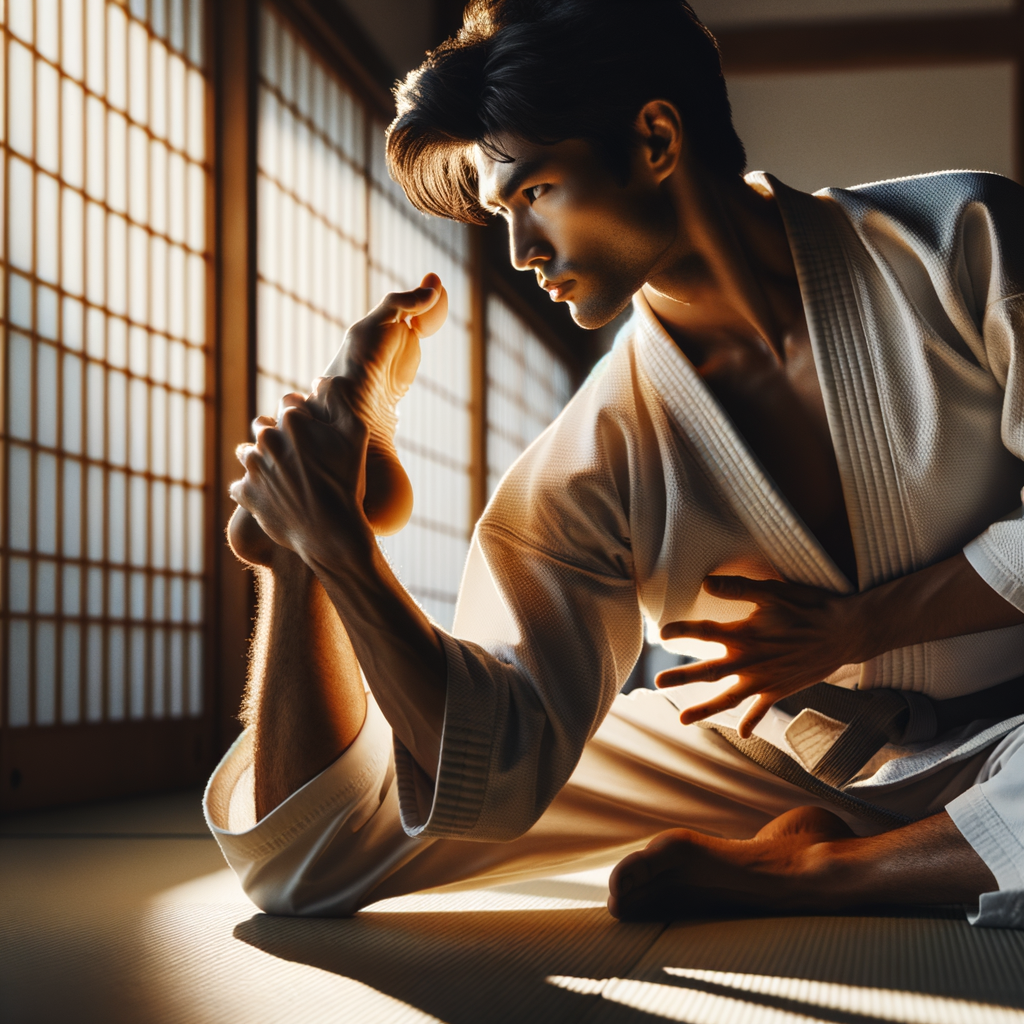 Karate practitioner demonstrating adaptability in martial arts by adjusting techniques for success in traditional dojo, embodying the essence of Karate training adaptability for martial arts success.