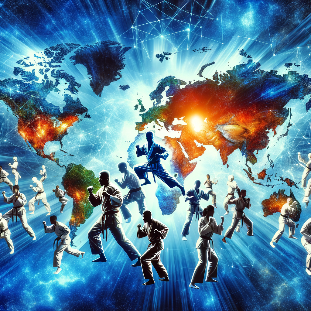 Global map showcasing the international influence and worldwide popularity of Karate, symbolized by figures performing martial arts across continents, reflecting Karate's global reach and impact on international cultures and trends.