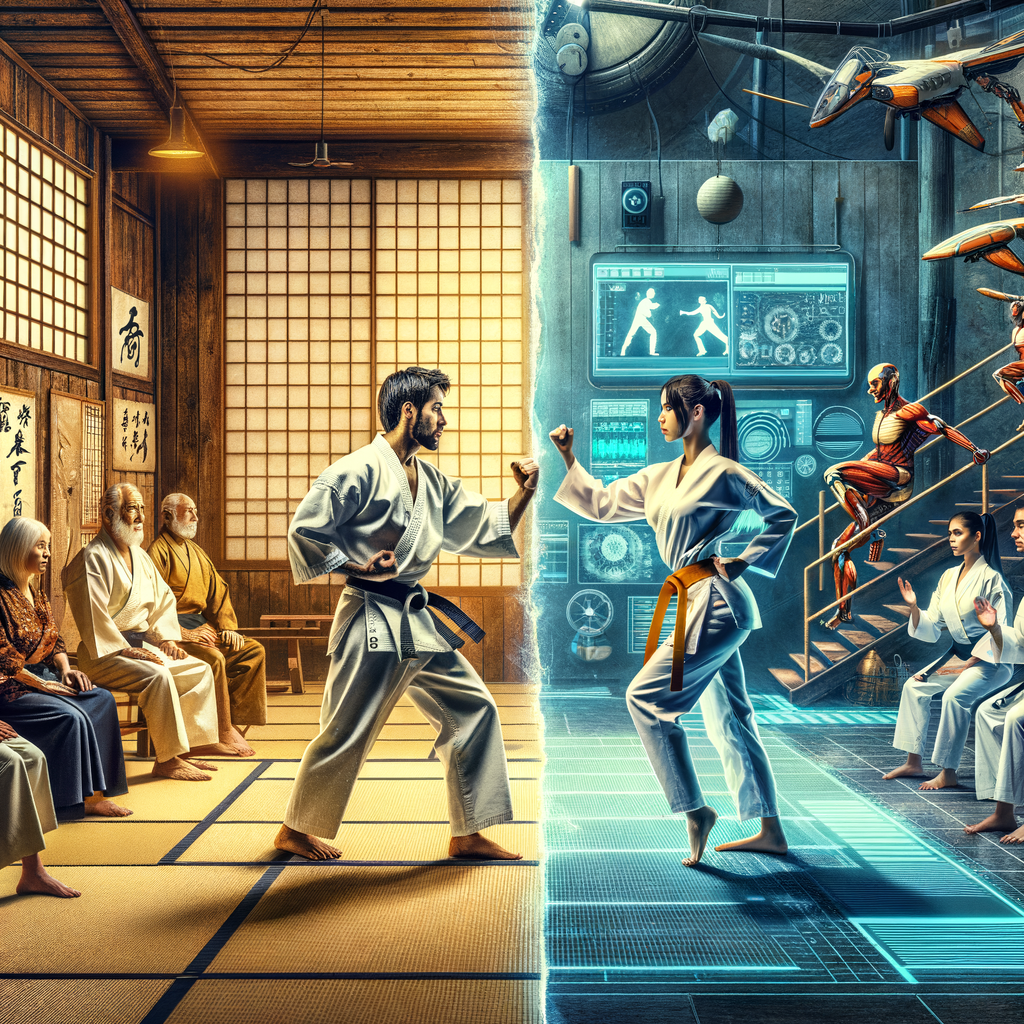 Split-screen image contrasting traditional Karate training in an ancient dojo and modern Karate training in a high-tech facility, illustrating the evolution of martial arts and the impact of developments on Karate training techniques over history.