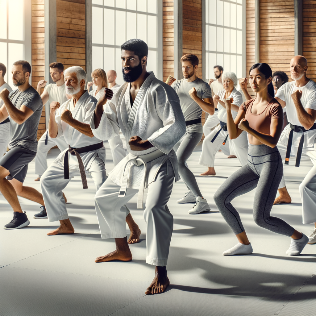 Diverse group of individuals of varying ages and fitness levels engaging in a Karate fitness routine, demonstrating martial arts workout techniques in a spacious dojo for their daily exercise.