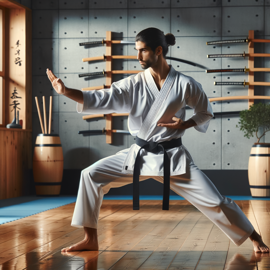 Karate instructor demonstrating precise self-defense karate moves for personal safety in a dojo, showcasing practical karate techniques for safety and personal protection.
