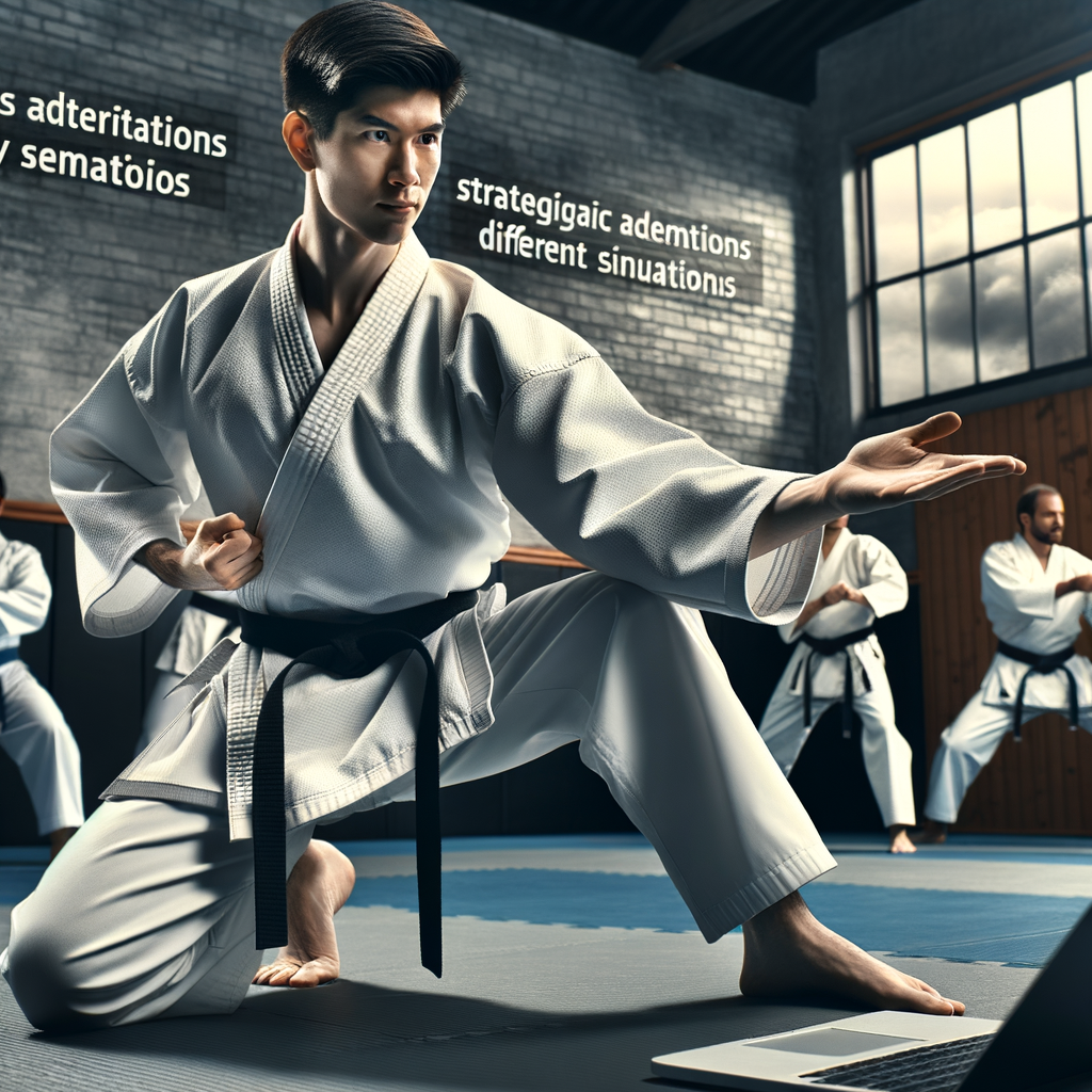Karate instructor demonstrating adaptation of karate techniques for different situations, showcasing martial arts adaptation and strategy adjustment in a dojo.