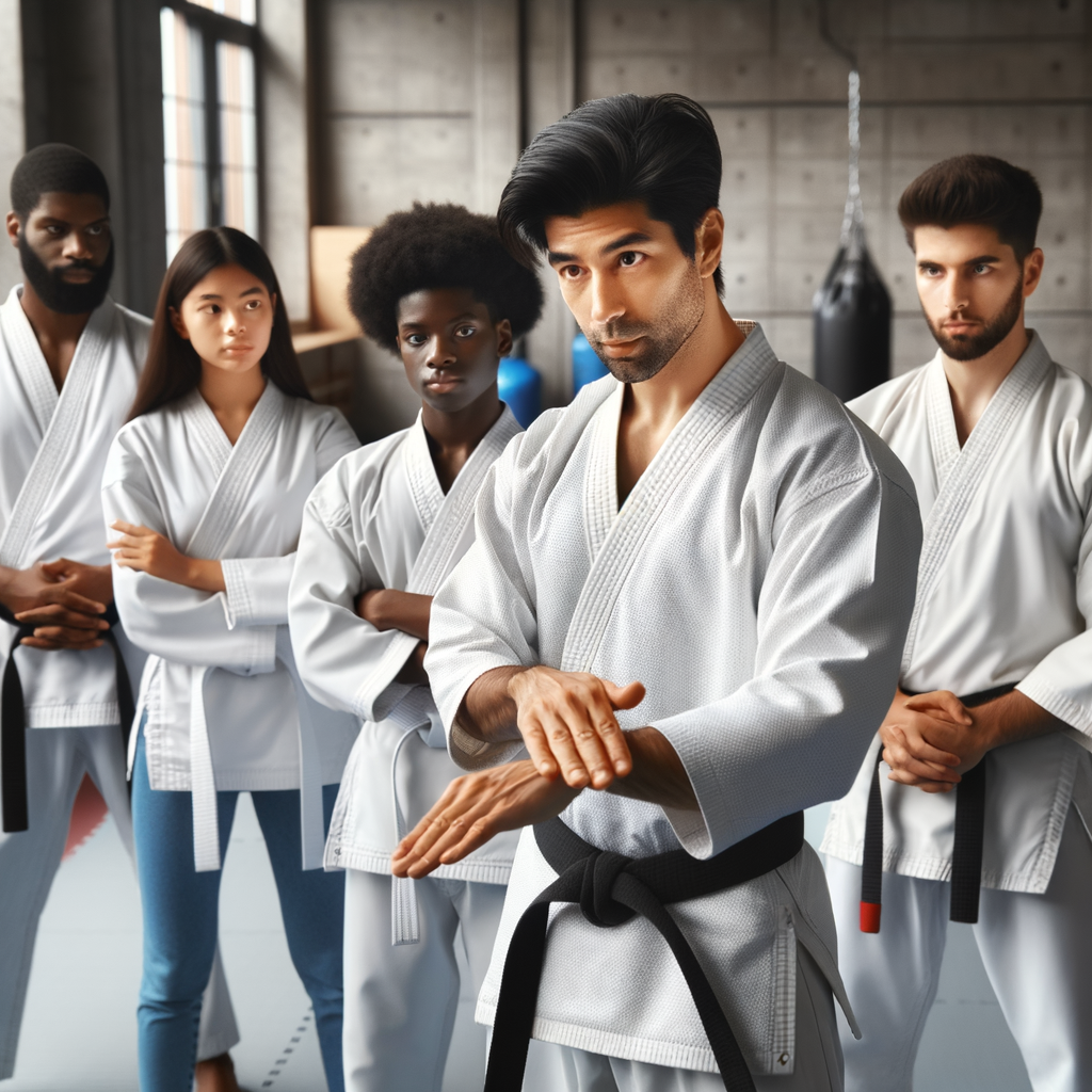 Karate instructor teaching safety techniques and injury prevention methods during a safe karate training session in a dojo, highlighting the importance of preventing injuries in karate.