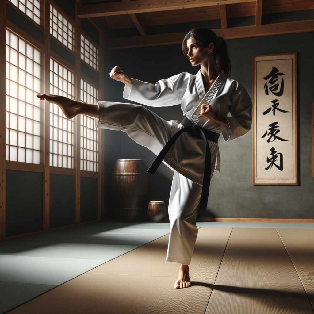 Karate instructor demonstrating balance techniques and stability training in a dojo, highlighting martial arts balance and balance improvement in karate for an article on 'Karate and Balance: Techniques for Stability'.