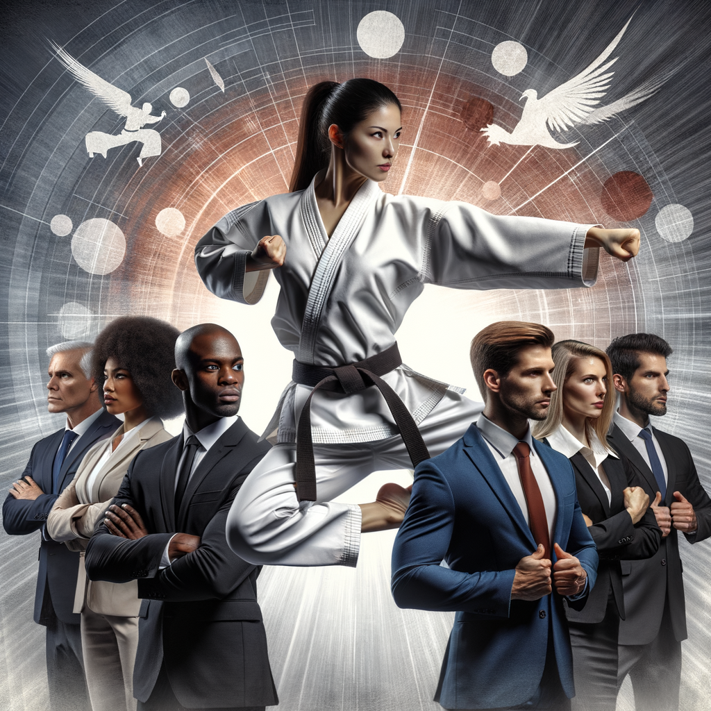 Karate instructor demonstrating leadership skills to business professionals, embodying success through karate and leadership lessons from martial arts for corporate success.