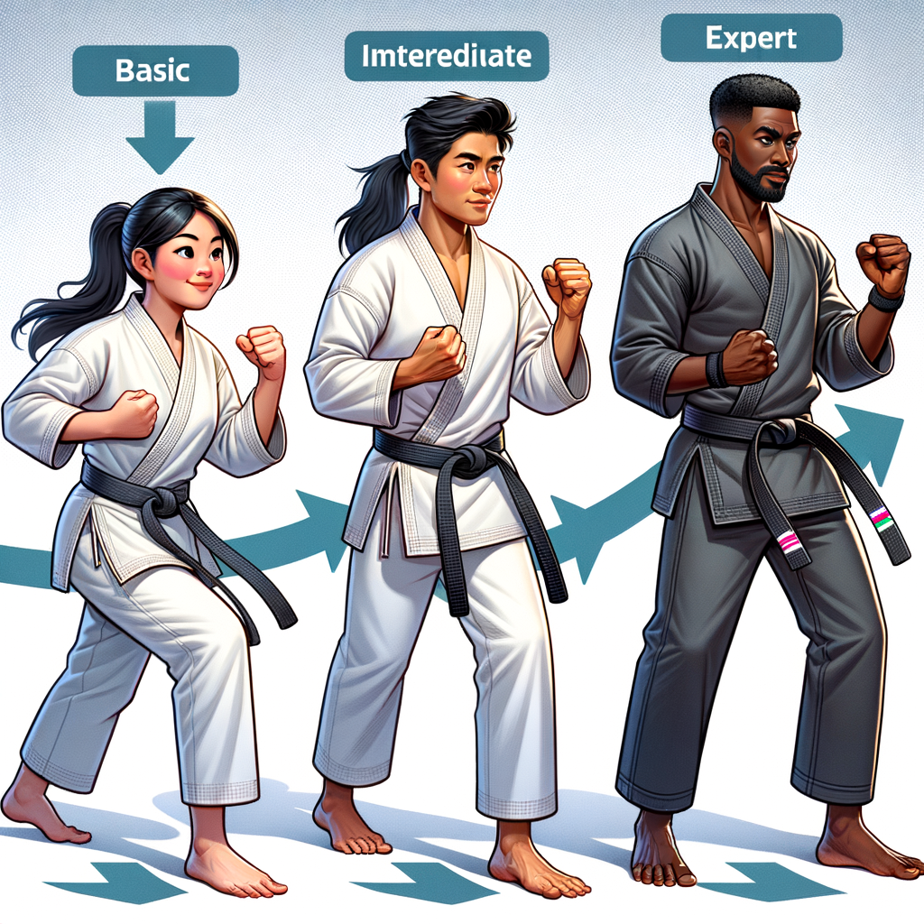 Karate practitioner's journey from beginner to expert, showcasing karate training for beginners, karate belt advancement, and expert karate techniques, symbolizing the martial arts journey and karate skills development.