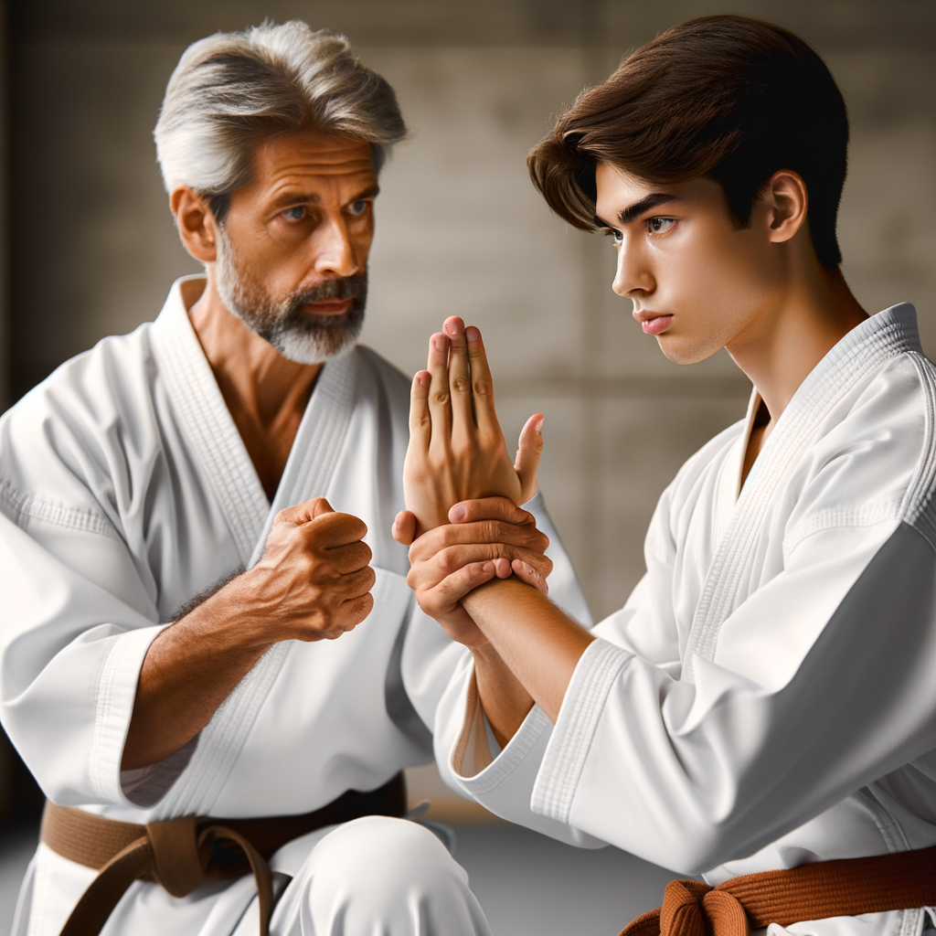 Beginner karate student learning basic karate footwork drills and essential karate moves under instructor's guidance in a martial arts training dojo, embodying the spirit of karate for beginners.