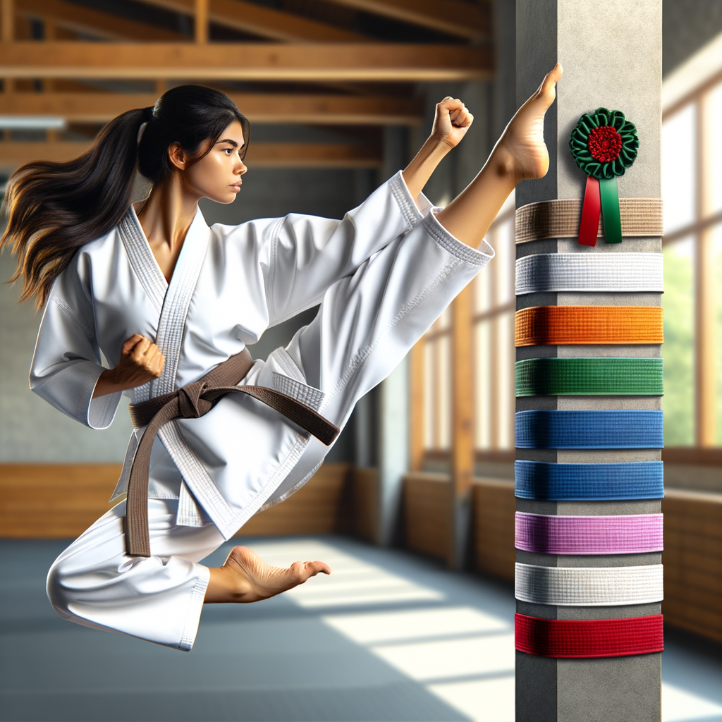 Karate practitioner demonstrating high kick and goal setting techniques in dojo, symbolizing personal development and achievement of personal milestones through Karate training.