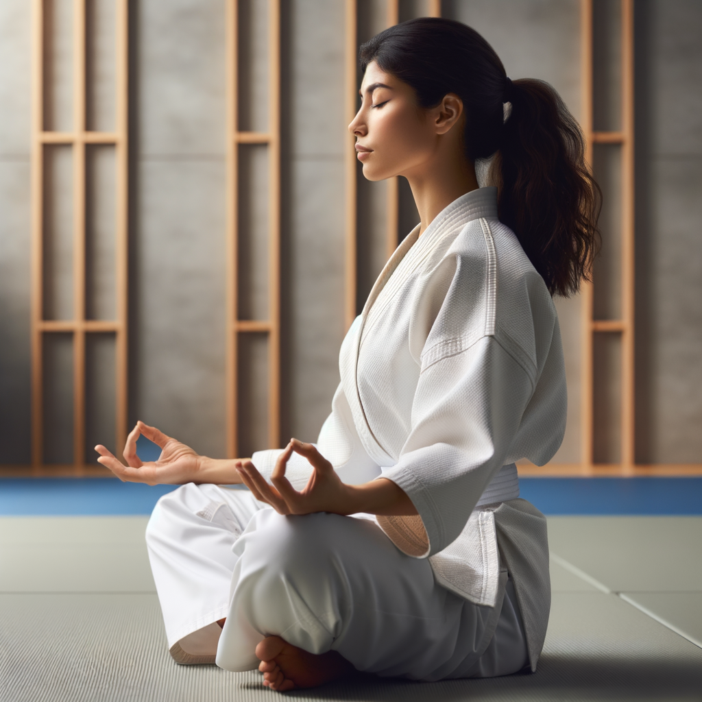 Karate practitioner demonstrating mindfulness techniques for inner peace during a serene karate practice in a peaceful dojo setting, embodying the essence of finding peace through karate and martial arts mindfulness.