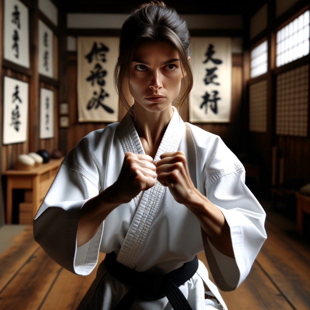 Karate practitioner demonstrating mental toughness and discipline in traditional dojo, showcasing the mental benefits and resilience gained from karate training for mental strength and mental health.