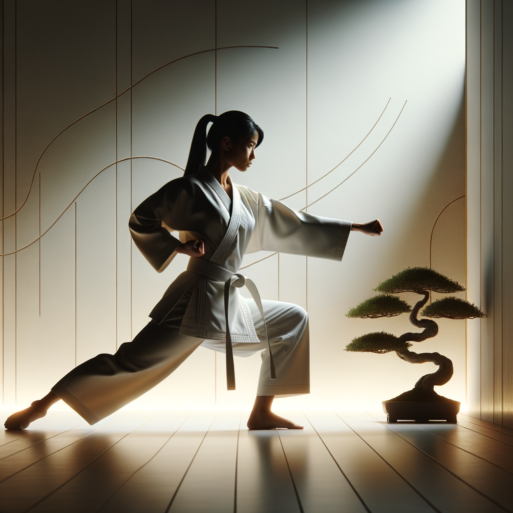 Individual demonstrating a powerful karate stance during martial arts training, symbolizing personal growth and self-improvement through karate for nurturing development and personal growth.