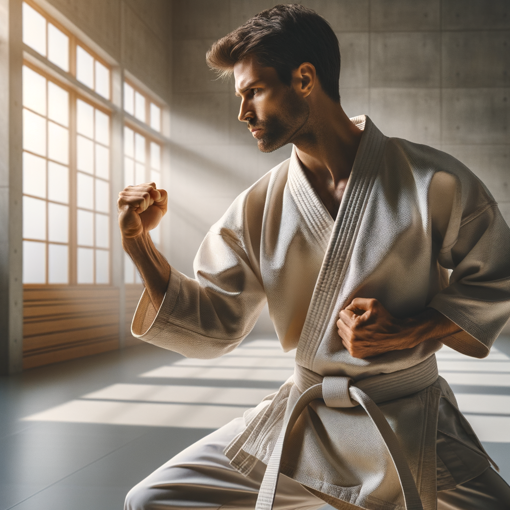 Individual in karate gi demonstrating a move, symbolizing personal growth and self-improvement through disciplined karate practice for personal development