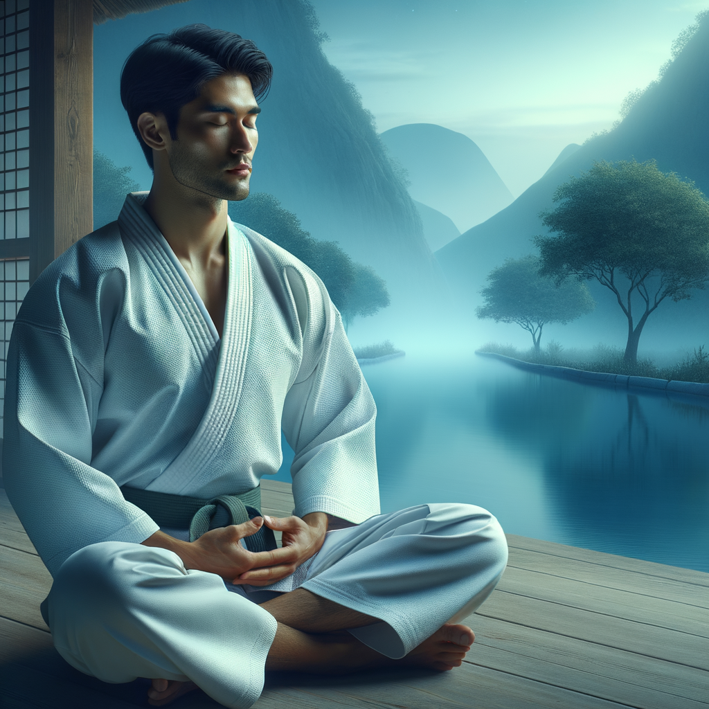 Karate practitioner in traditional gi demonstrating mindfulness and meditation techniques in a tranquil dojo, highlighting the benefits and role of meditation in martial arts and karate training.