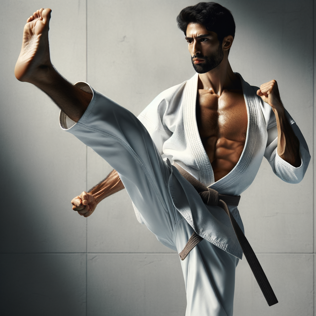 Individual practicing high kick in Karate uniform, showcasing the benefits of Karate for self-discovery, personal growth, and mental health improvement.