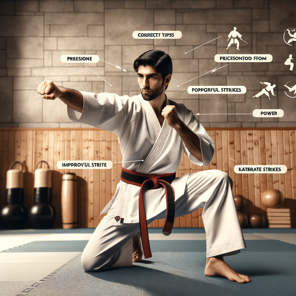 Karate instructor demonstrating powerful karate strike techniques and precision strikes in a dojo, providing karate training tips and pointers for mastering powerful karate strikes.