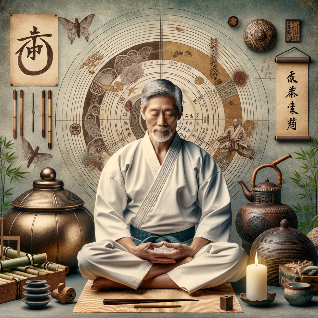 Traditional Karate master meditating amidst symbols representing Karate's spiritual origin and history, emphasizing the spiritual aspects of Karate, martial arts spirituality, and Karate philosophy for understanding Karate and its spiritual roots.