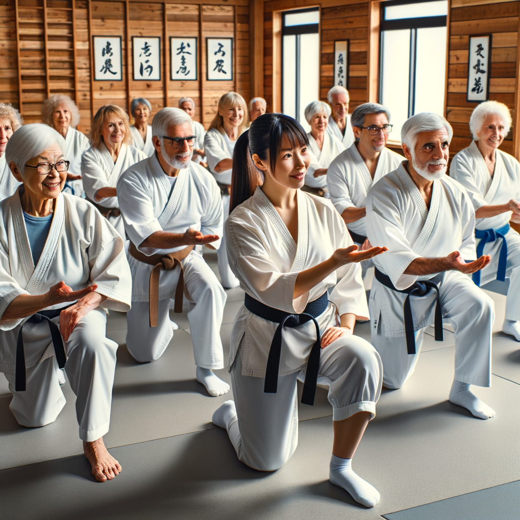Seniors practicing gentle Karate techniques in a spacious dojo, promoting senior fitness and elderly wellness through Karate exercises in a wellness program.