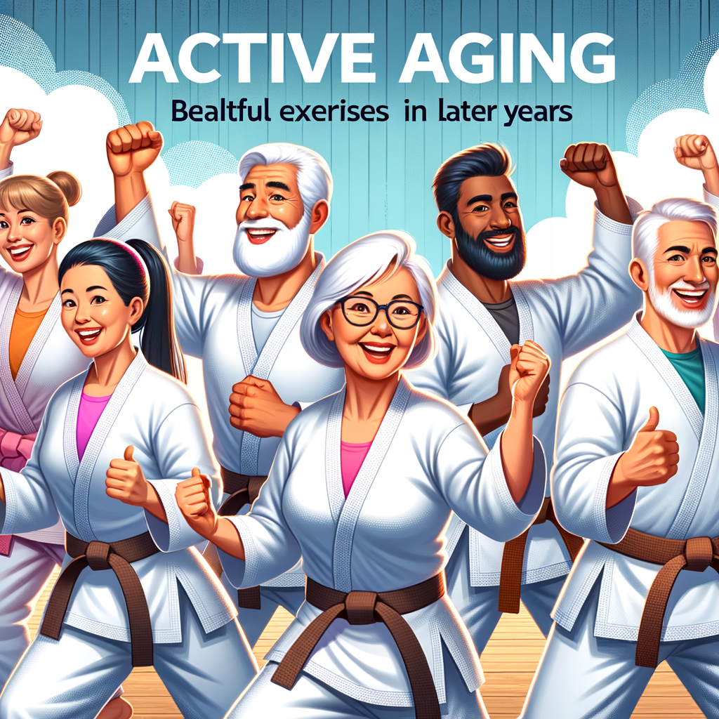 Vibrant seniors participating in a karate class, demonstrating active aging exercises and the health benefits of karate for seniors, promoting vitality in later years and an active lifestyle through martial arts.