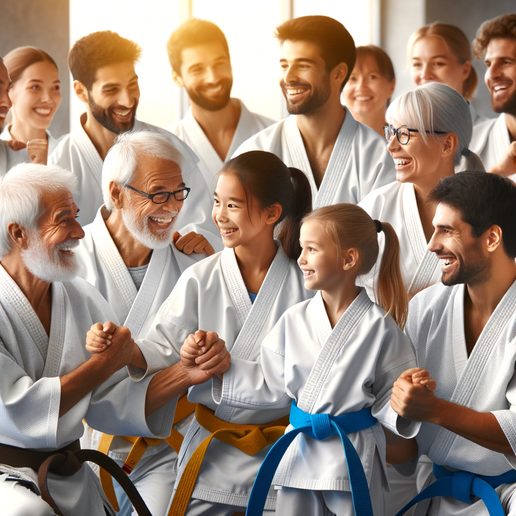Diverse group of all ages bonding in a dojo community, demonstrating the social aspects and benefits of karate in community building and development, highlighting the strengthening of karate bonds and its impact on community.