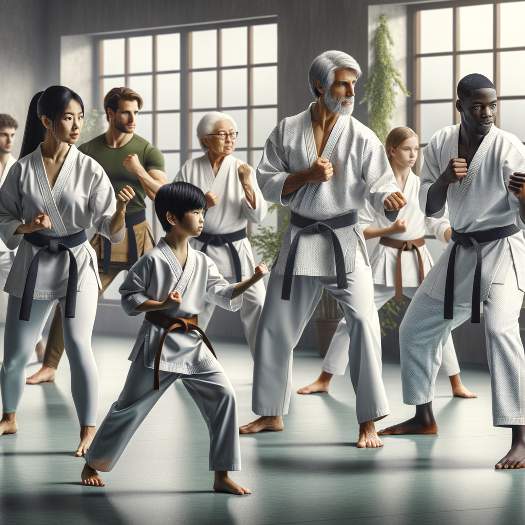 Diverse group practicing karate for health in a dojo, demonstrating the wellness and mental well-being benefits of martial arts, embodying the concept of nurturing health through karate.