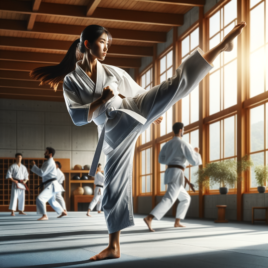 Karate instructor performing high kick during martial arts training, showcasing coordination in karate for enhancing motor skills and physical coordination.