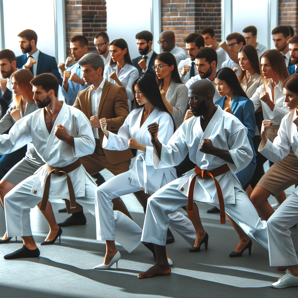 Diverse group of professionals fostering unity in teams through energetic karate team building exercises, demonstrating team unity through karate training for team building