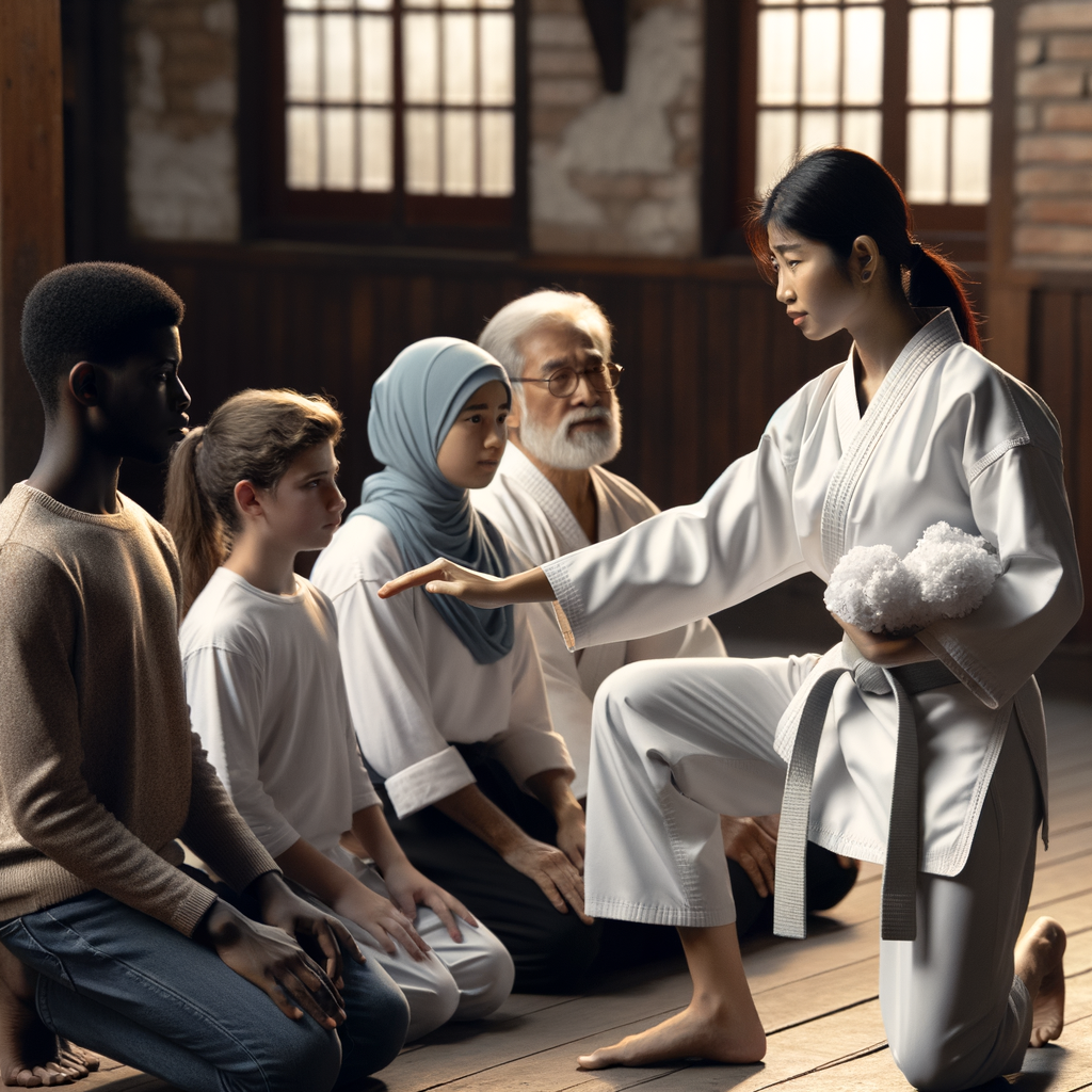 Karate instructor demonstrating a move in a dojo, promoting empathy development and understanding others through martial arts practice, highlighting the benefits and emotional intelligence gained from karate training.
