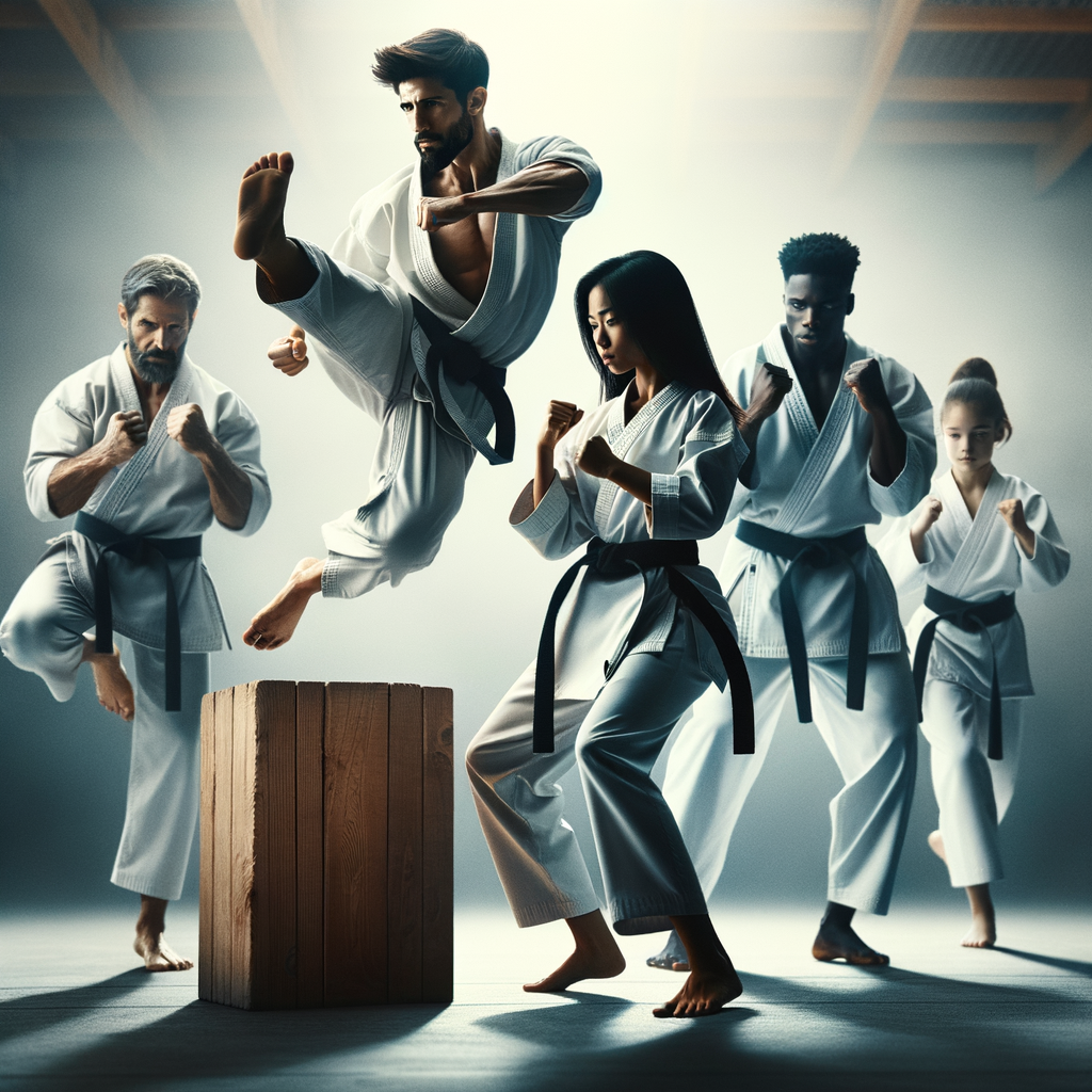 Diverse group demonstrating personal empowerment and self-improvement during karate training, embodying strength and independence through martial arts.