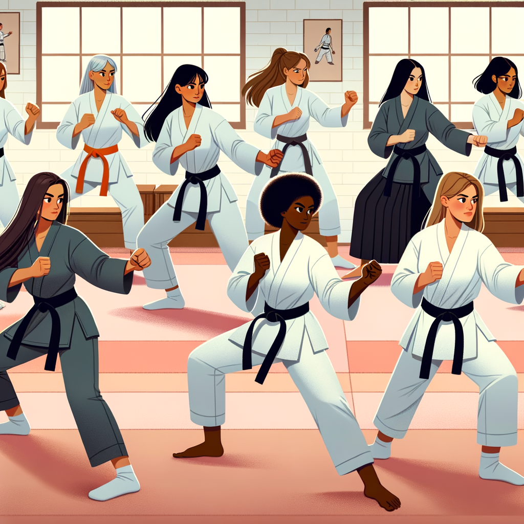 Diverse group of women demonstrating self-defense karate techniques in a women's karate class, embodying empowerment through martial arts and highlighting the benefits of karate for women.