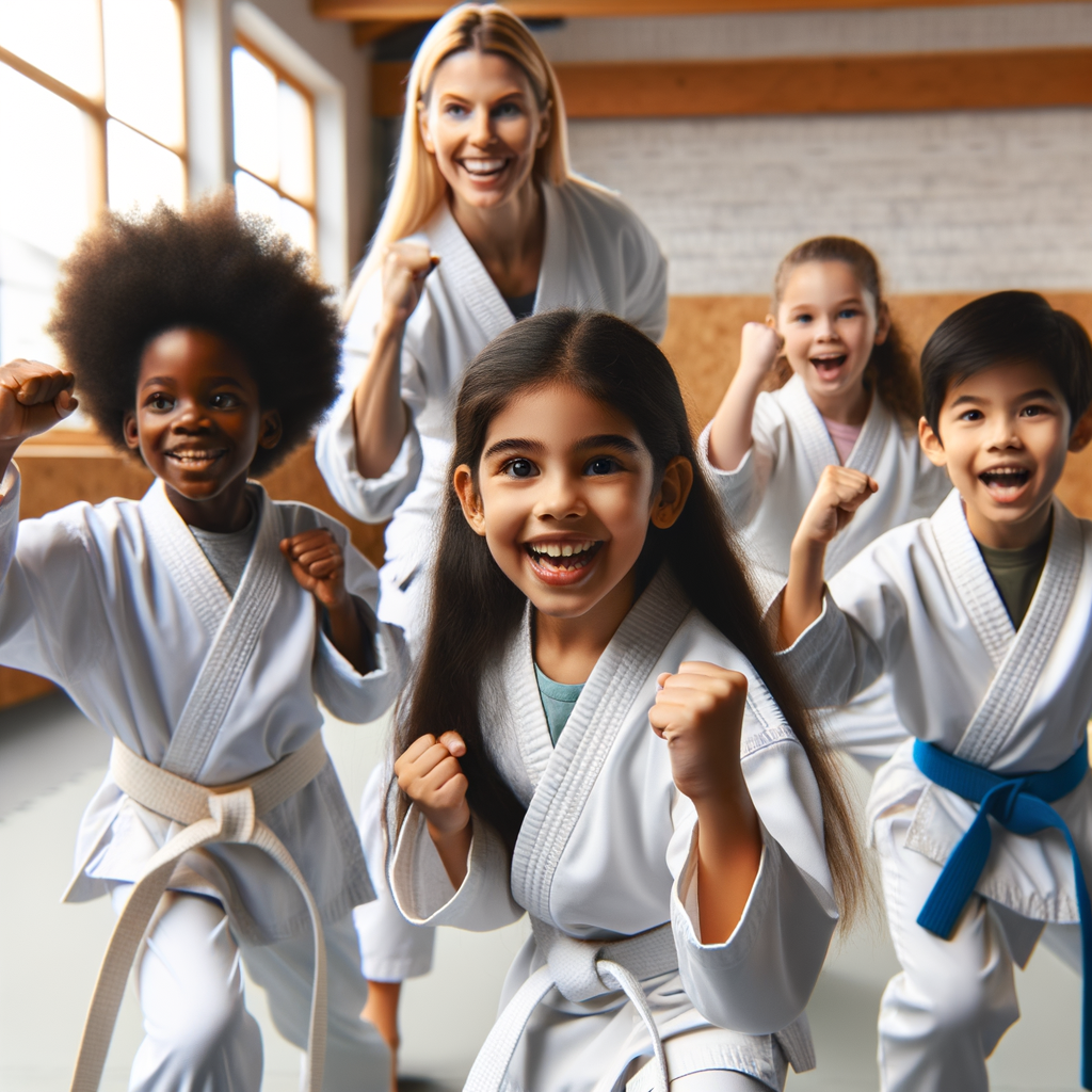 Diverse children enjoying fun karate lessons, showcasing engaging karate activities and techniques in a well-equipped dojo, embodying the spirit of kids karate engagement and training.